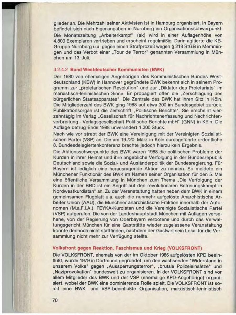 Seite 72 des Verfassungsschutzbericht 1988 Bayern