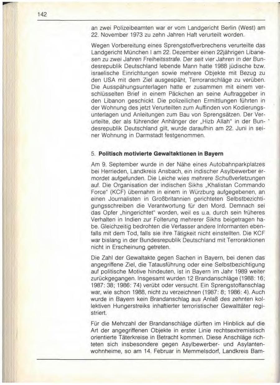 Seite 144 des Verfassungsschutzbericht 1989 Bayern