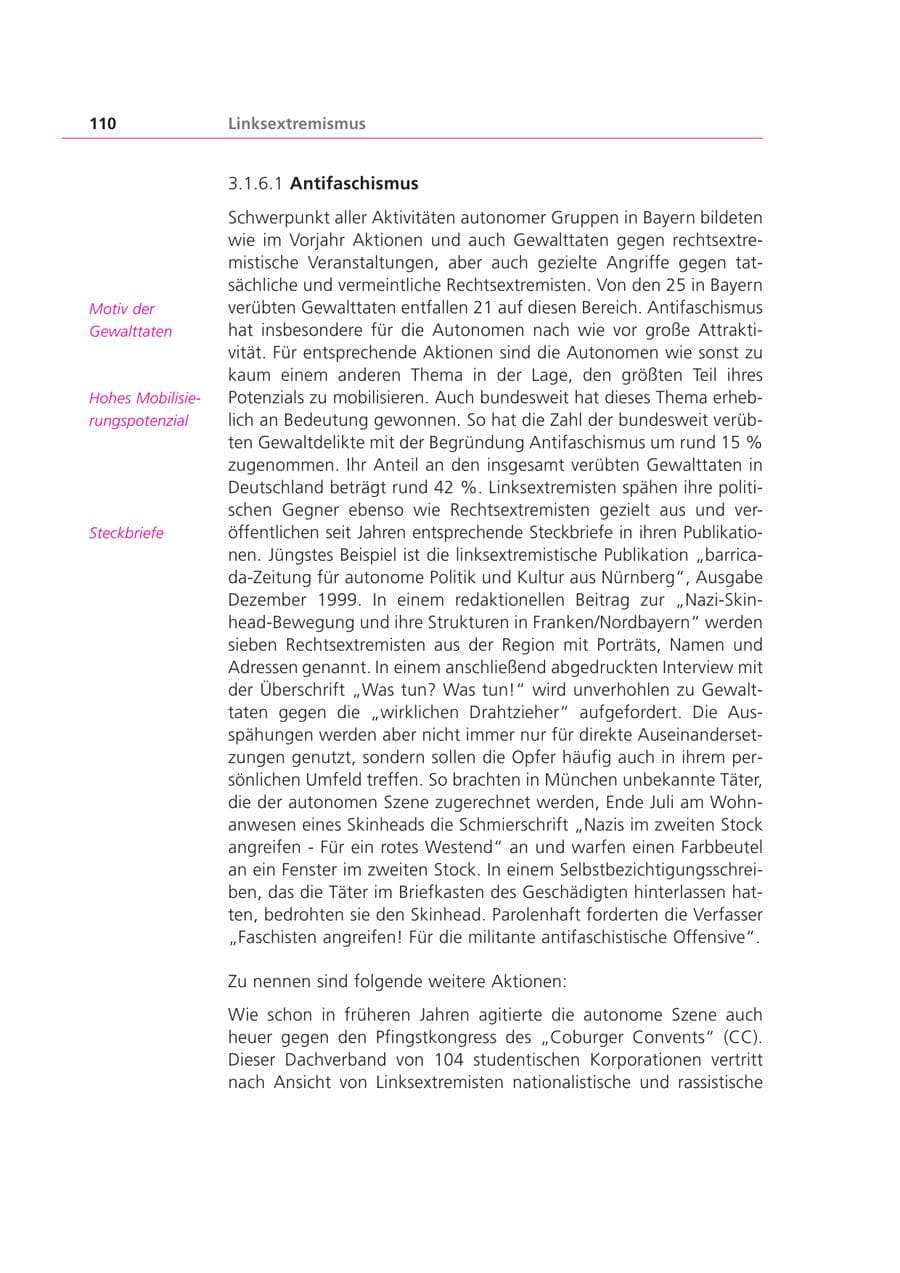 Seite 110 des Verfassungsschutzbericht 1999 Bayern