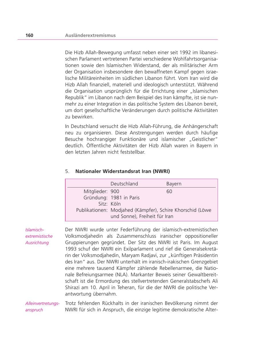 Seite 160 des Verfassungsschutzbericht 1999 Bayern