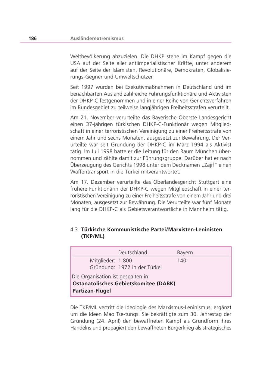 Seite 186 des Verfassungsschutzbericht 2002 Bayern