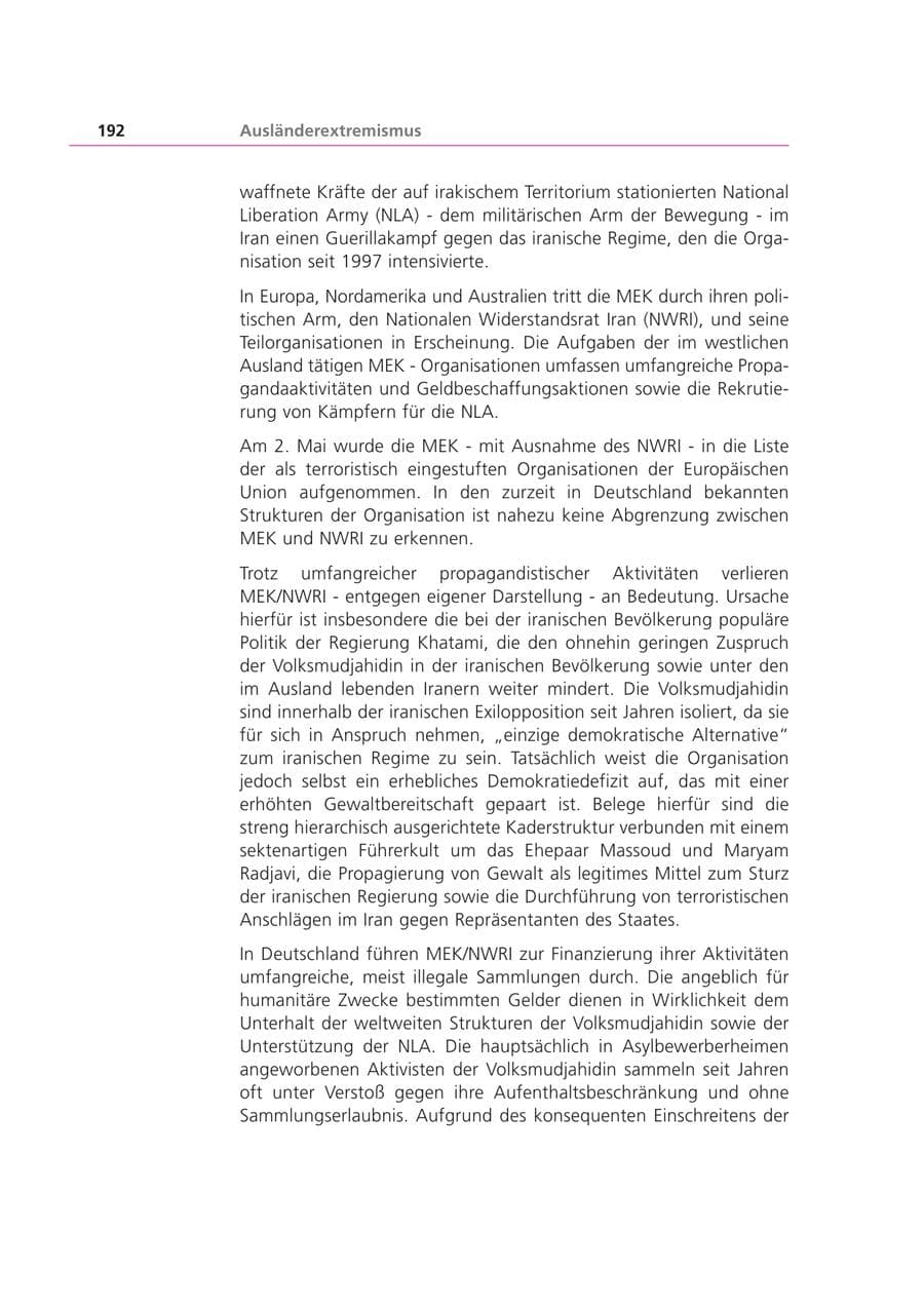 Seite 192 des Verfassungsschutzbericht 2002 Bayern