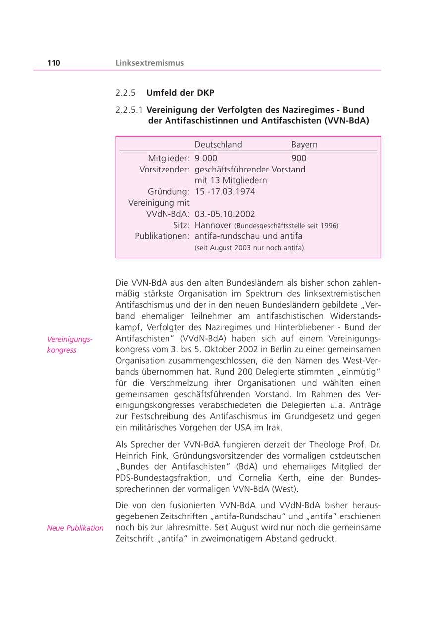 Seite 110 des Verfassungsschutzbericht 2003 Bayern