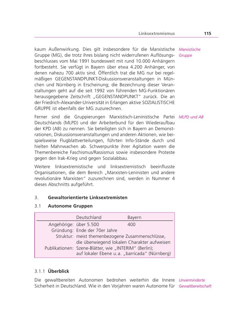 Seite 115 des Verfassungsschutzbericht 2003 Bayern