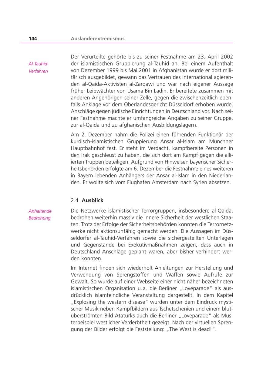 Seite 144 des Verfassungsschutzbericht 2003 Bayern