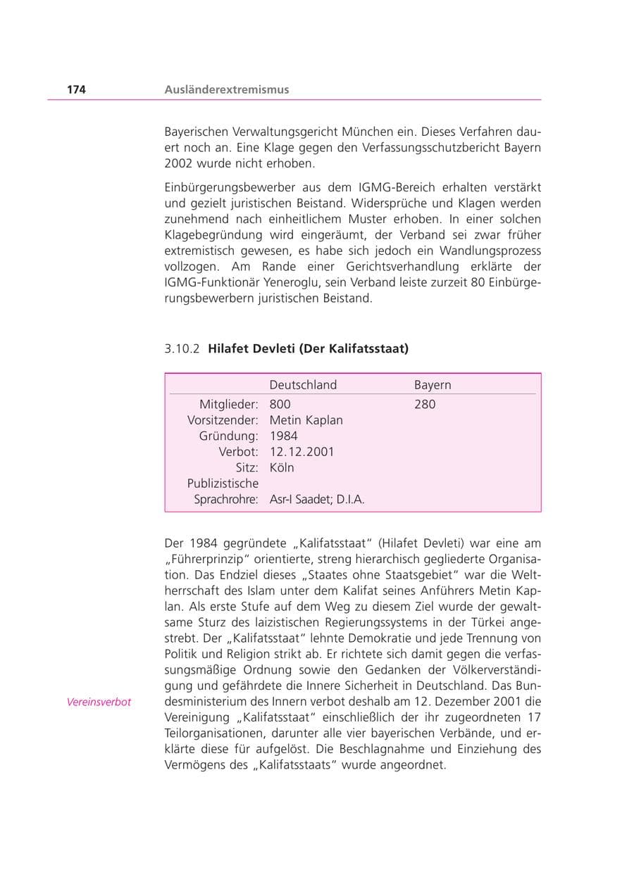Seite 174 des Verfassungsschutzbericht 2003 Bayern
