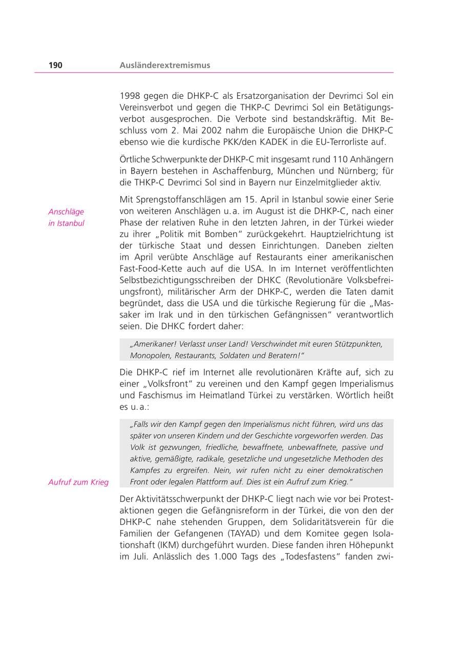 Seite 190 des Verfassungsschutzbericht 2003 Bayern