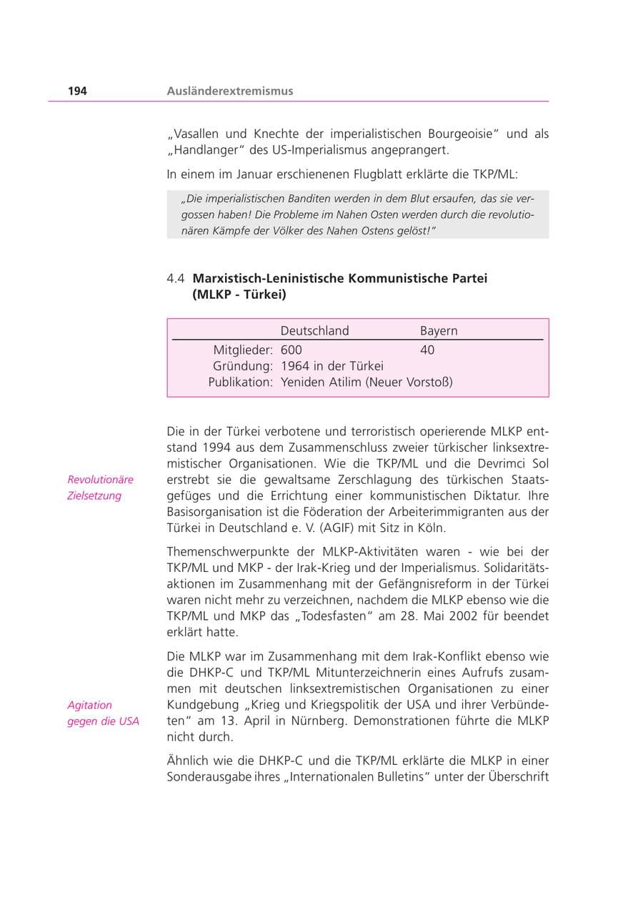 Seite 194 des Verfassungsschutzbericht 2003 Bayern