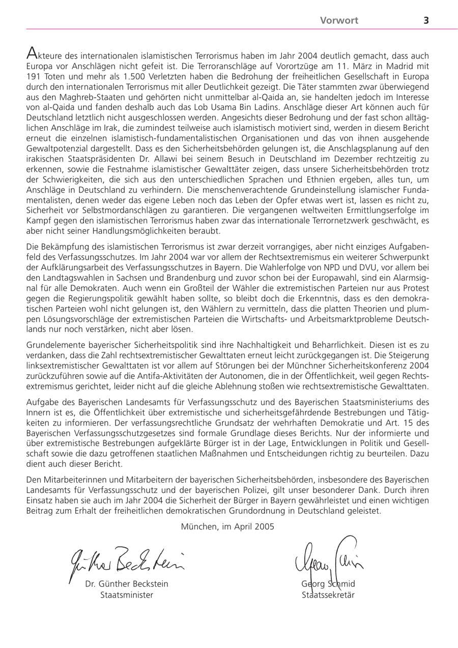 Seite 3 des Verfassungsschutzbericht 2004 Bayern