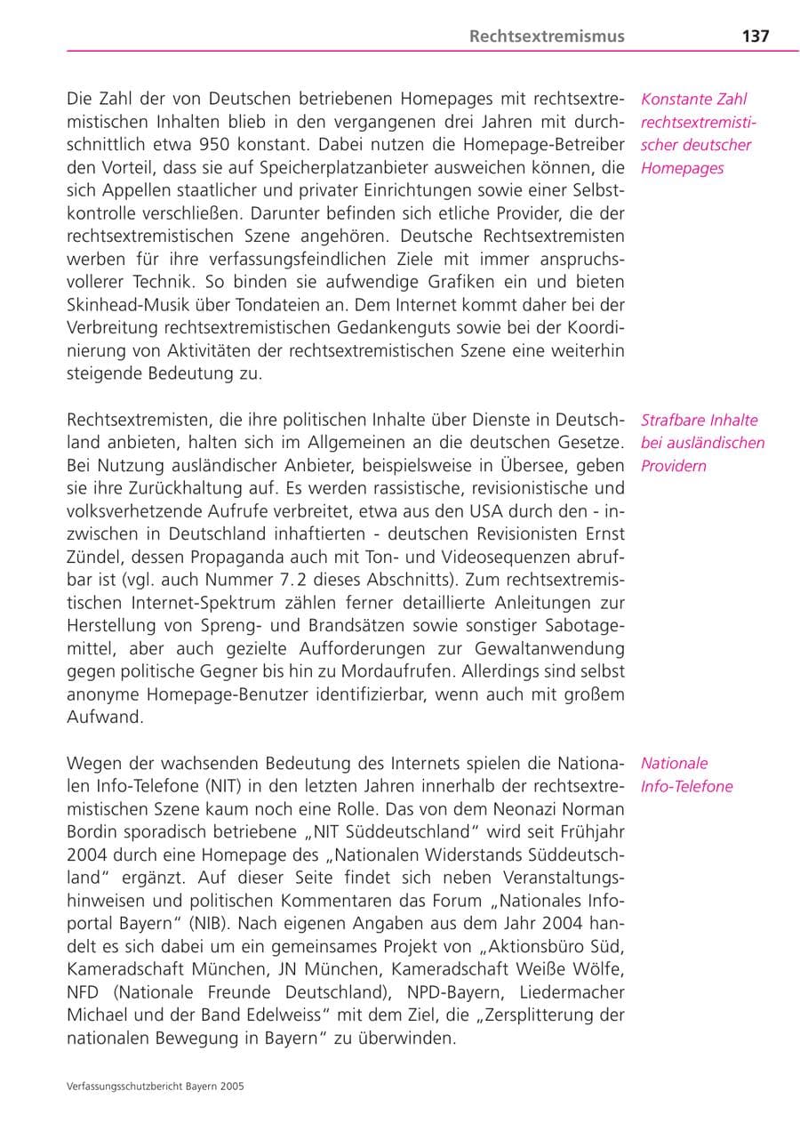 Seite 137 des Verfassungsschutzbericht 2005 Bayern