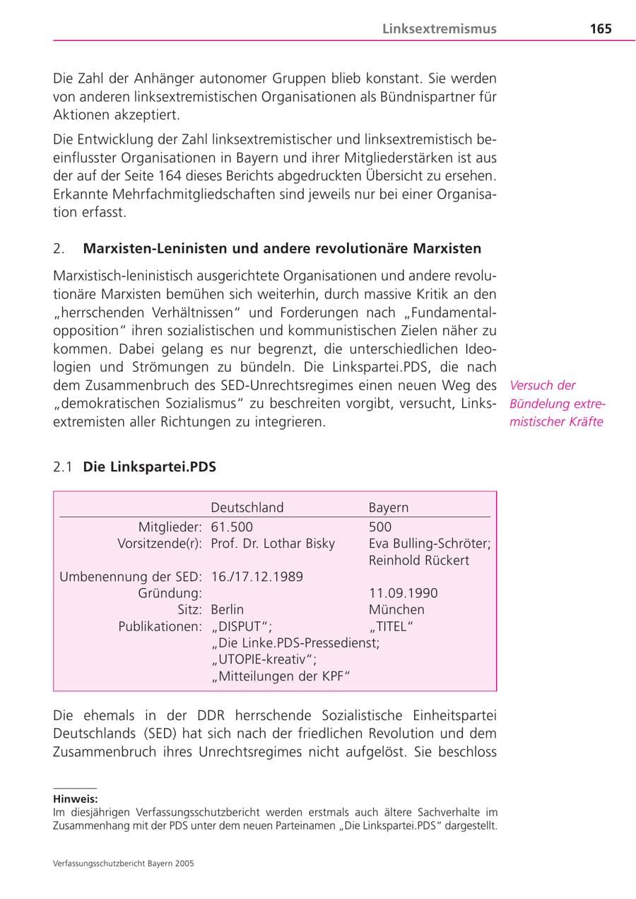 Seite 165 des Verfassungsschutzbericht 2005 Bayern