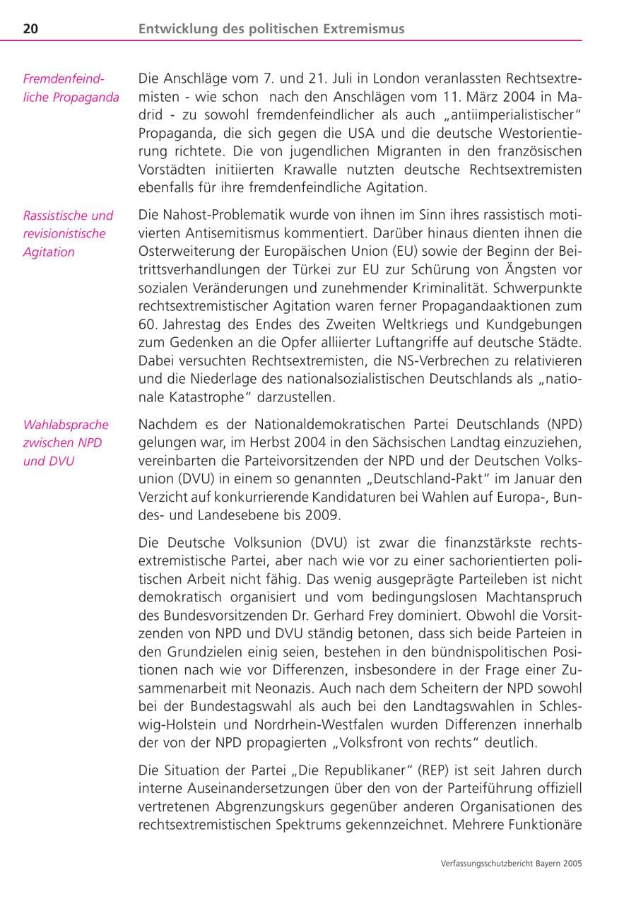 Seite 20 des Verfassungsschutzbericht 2005 Bayern