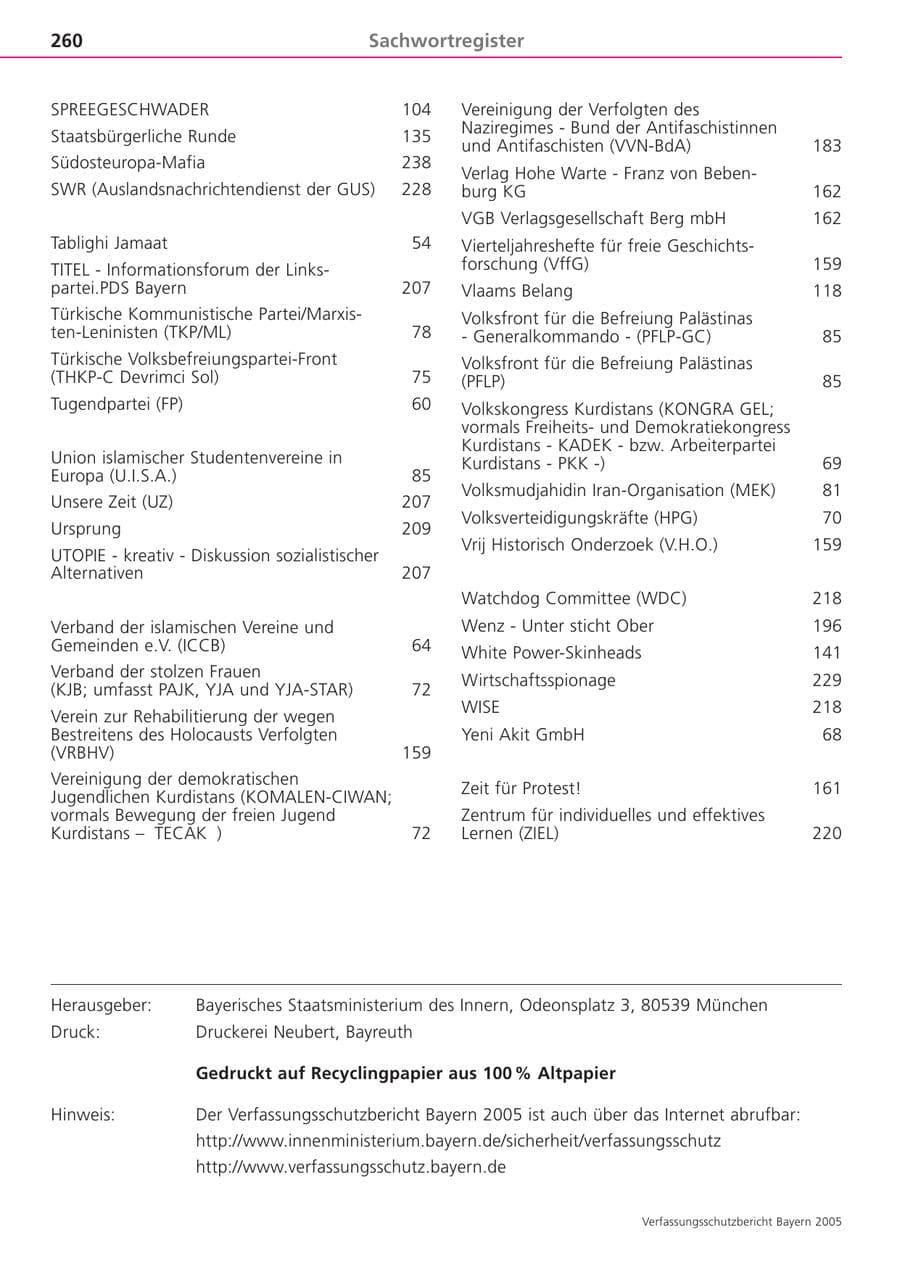 Seite 260 des Verfassungsschutzbericht 2005 Bayern