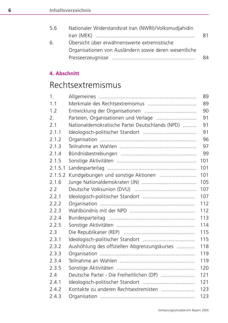 Seite 6 des Verfassungsschutzbericht 2005 Bayern