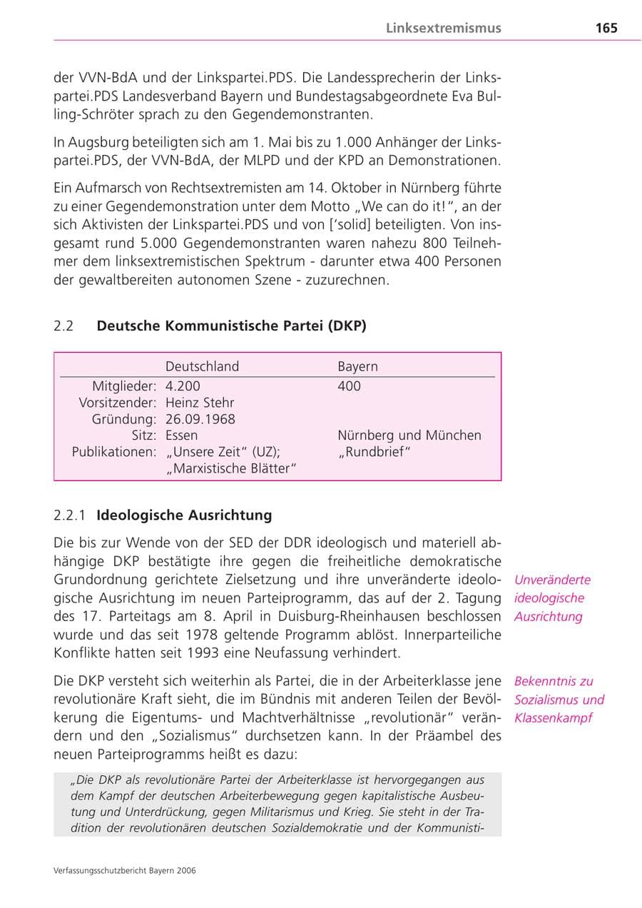 Seite 165 des Verfassungsschutzbericht 2006 Bayern