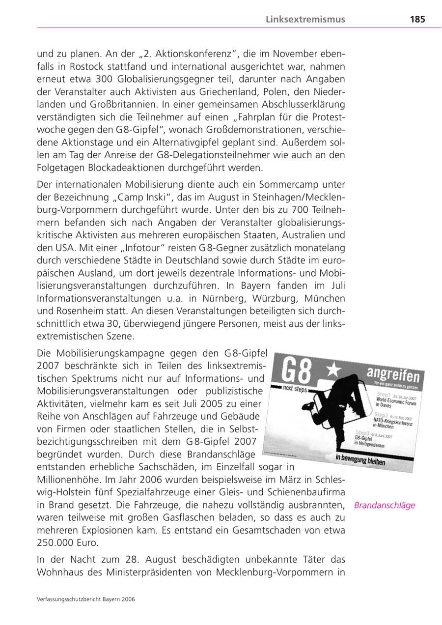 Seite 185 des Verfassungsschutzbericht 2006 Bayern