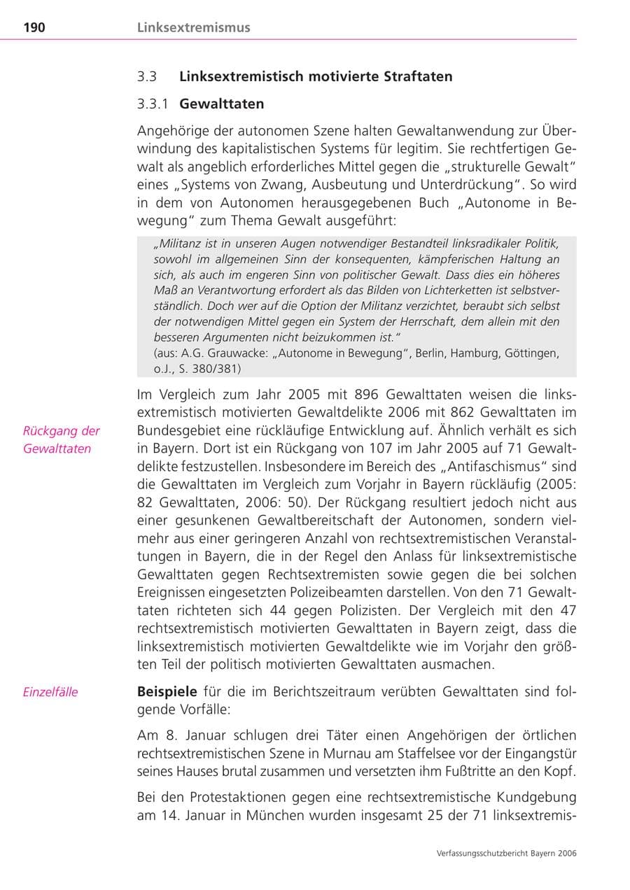 Seite 190 des Verfassungsschutzbericht 2006 Bayern