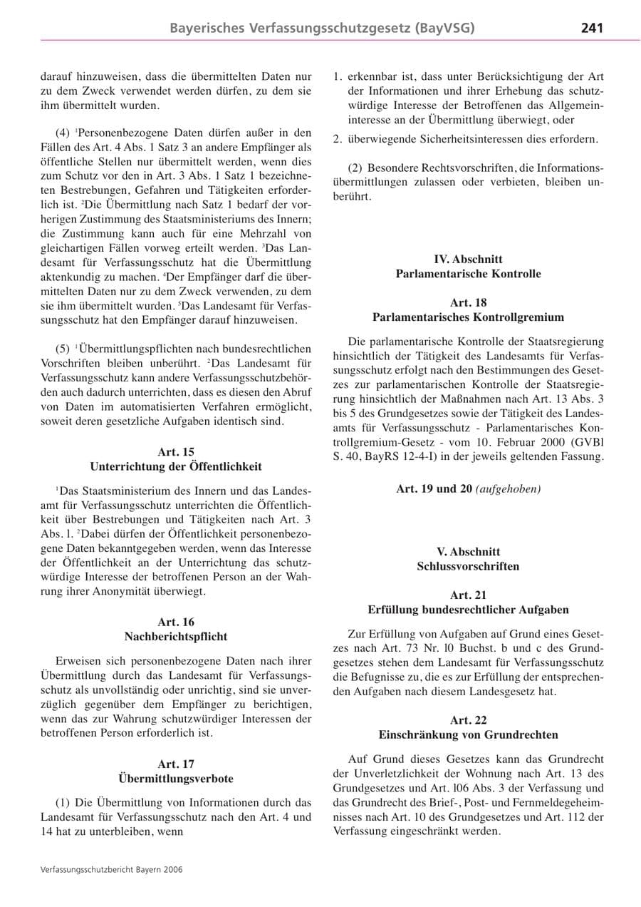 Seite 241 des Verfassungsschutzbericht 2006 Bayern