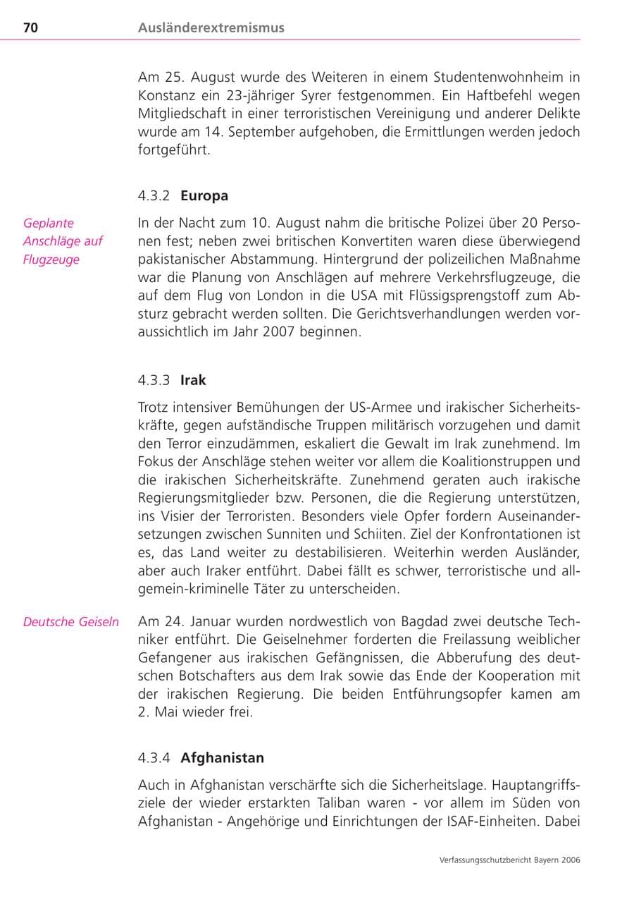 Seite 70 des Verfassungsschutzbericht 2006 Bayern