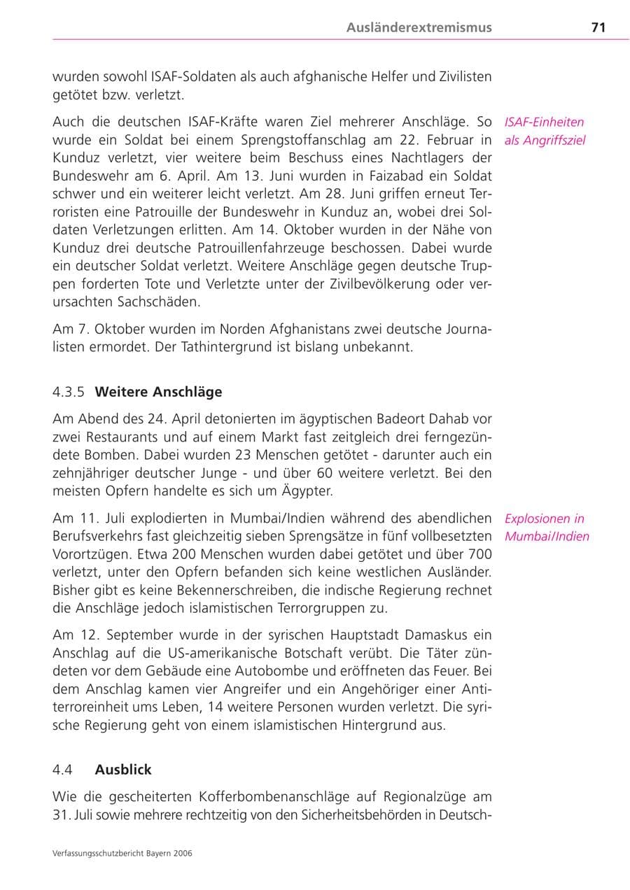 Seite 71 des Verfassungsschutzbericht 2006 Bayern