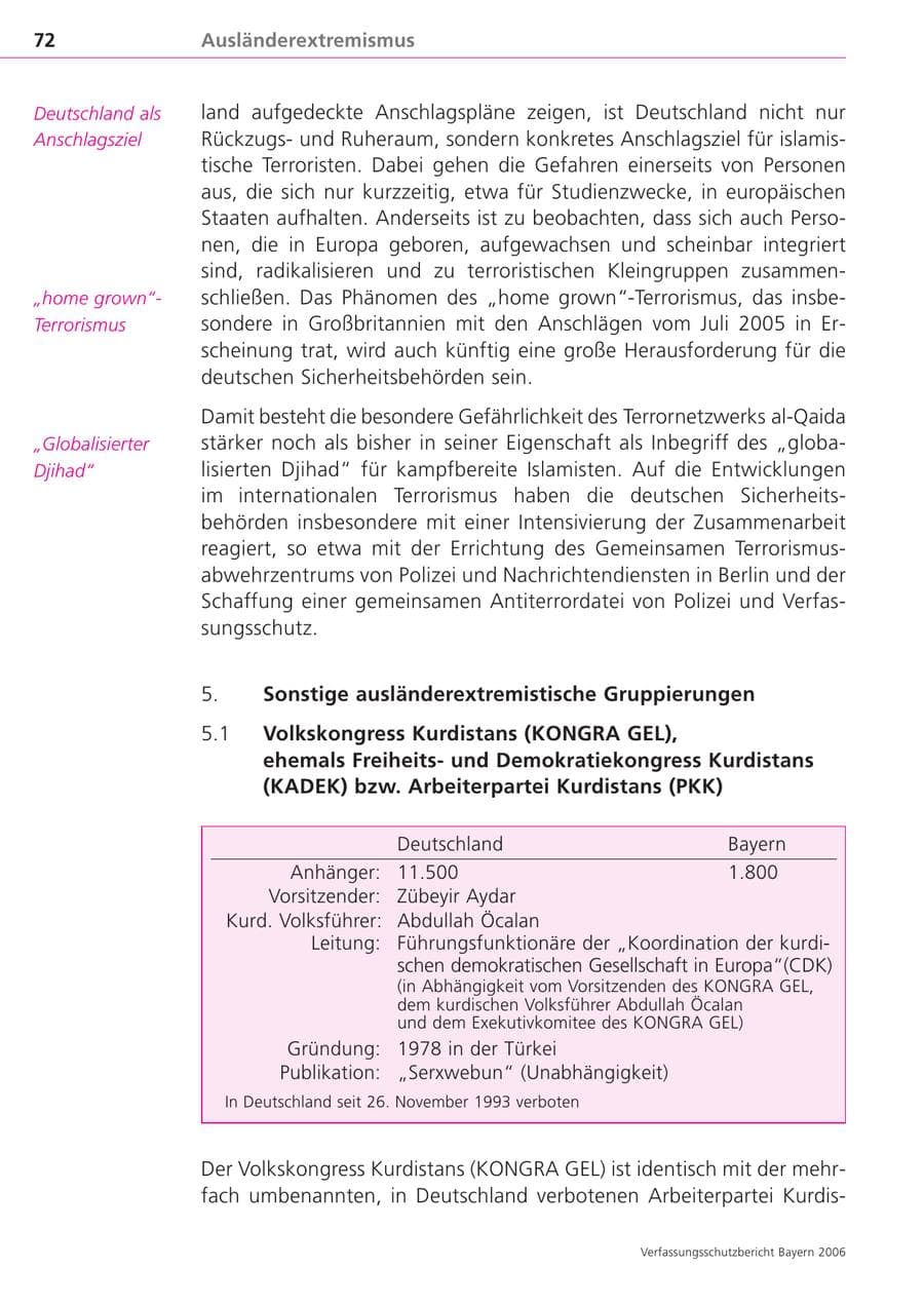 Seite 72 des Verfassungsschutzbericht 2006 Bayern