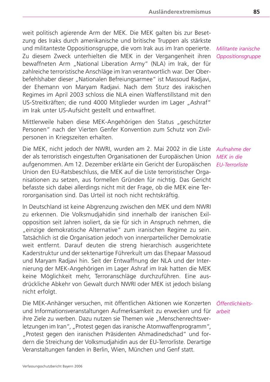 Seite 85 des Verfassungsschutzbericht 2006 Bayern