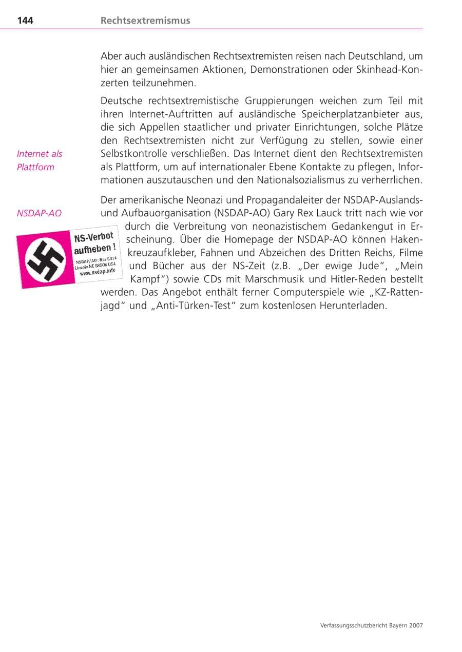 Seite 144 des Verfassungsschutzbericht 2007 Bayern