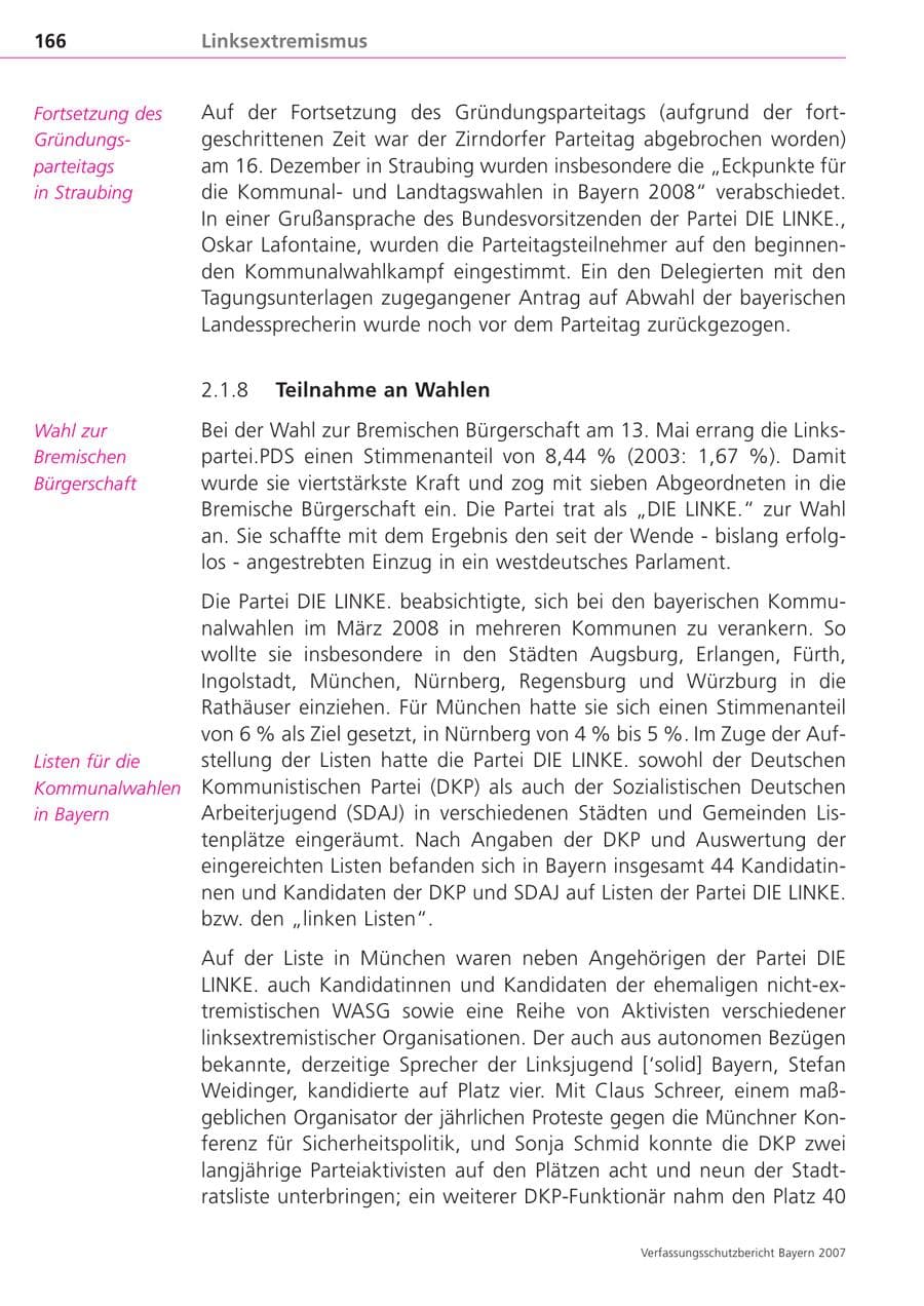 Seite 166 des Verfassungsschutzbericht 2007 Bayern