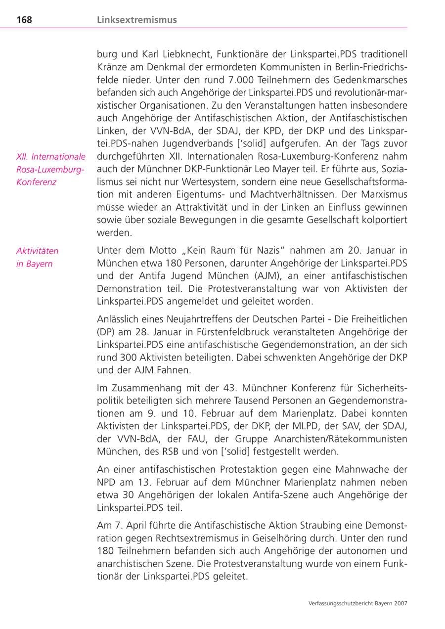 Seite 168 des Verfassungsschutzbericht 2007 Bayern