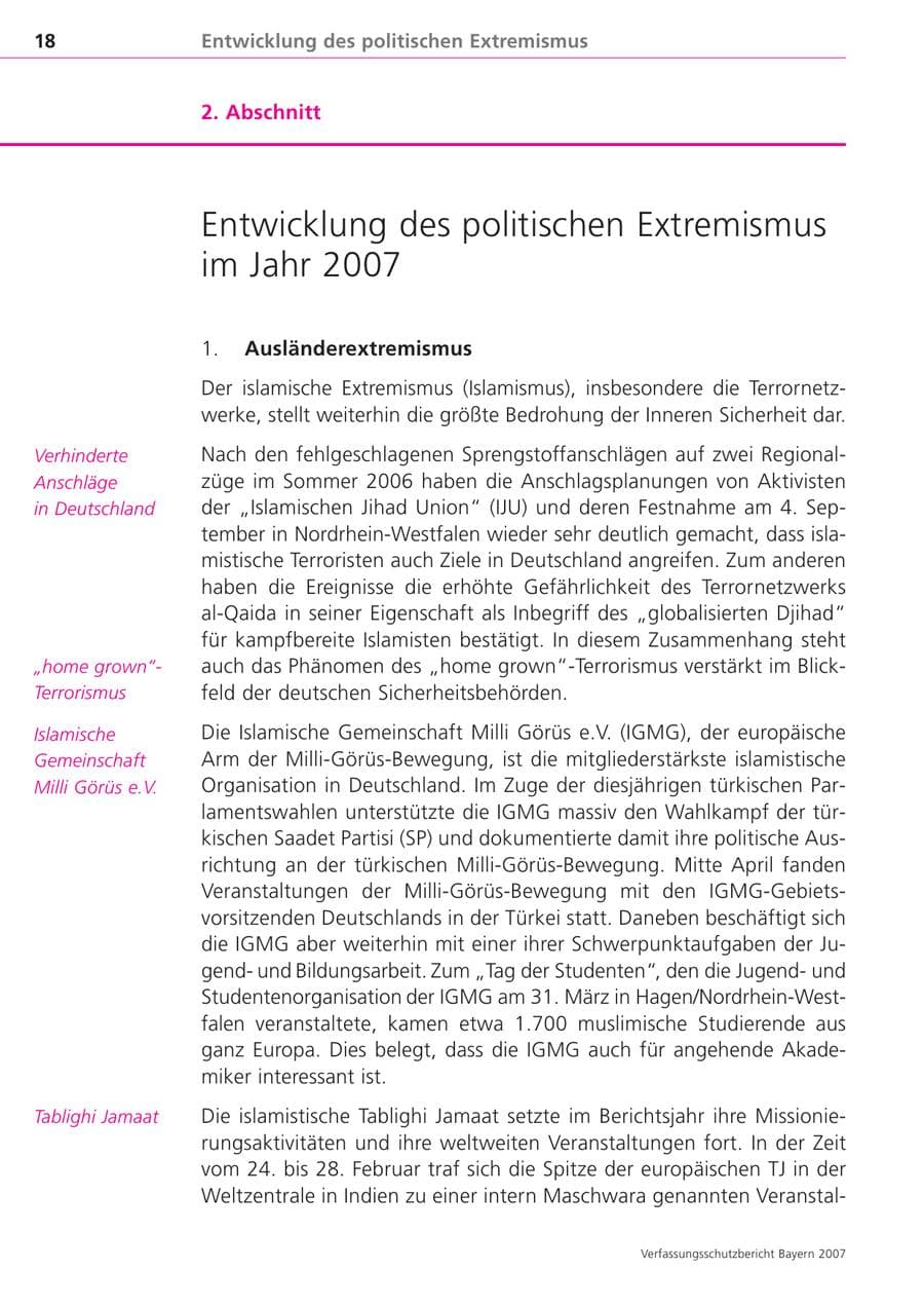 Seite 18 des Verfassungsschutzbericht 2007 Bayern