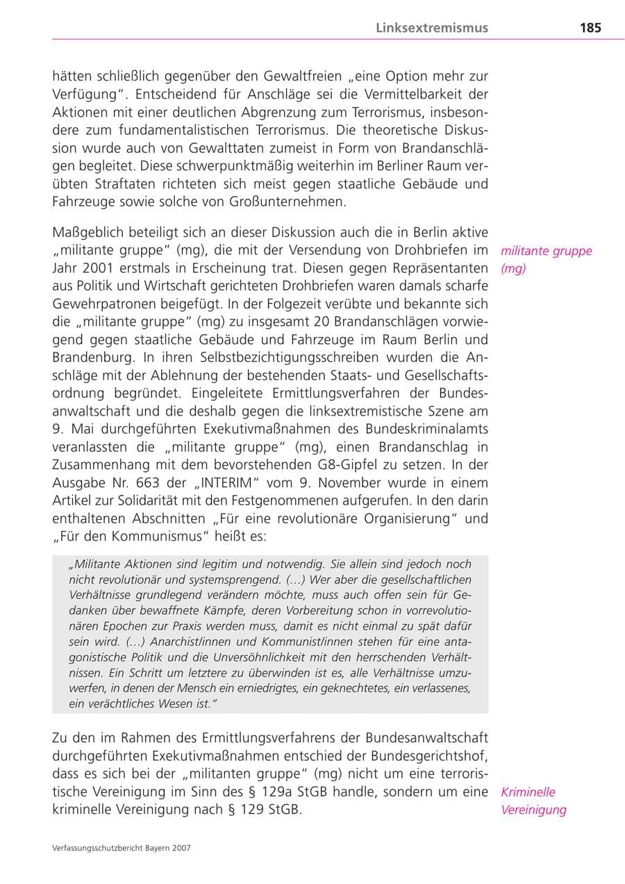 Seite 185 des Verfassungsschutzbericht 2007 Bayern