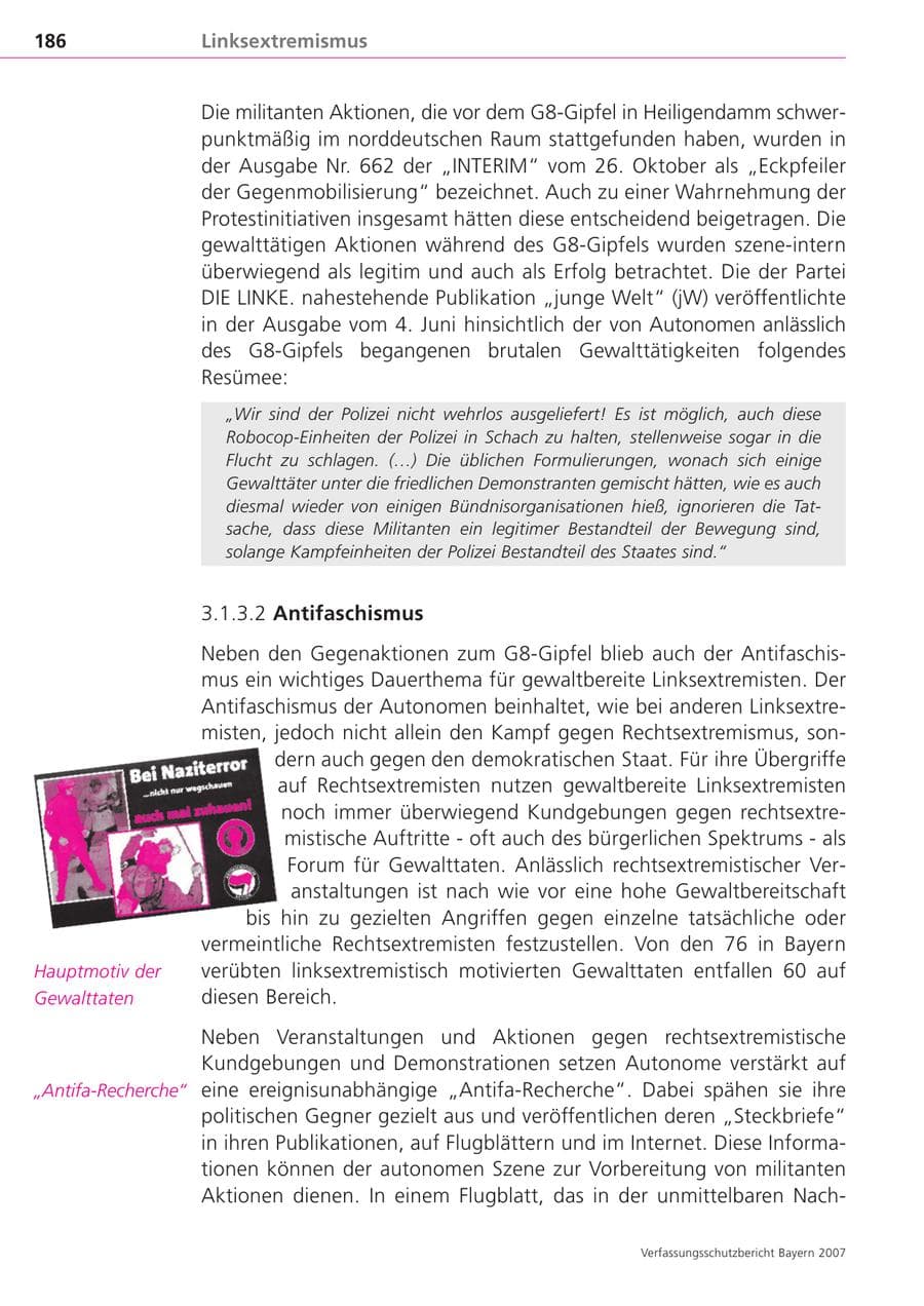 Seite 186 des Verfassungsschutzbericht 2007 Bayern