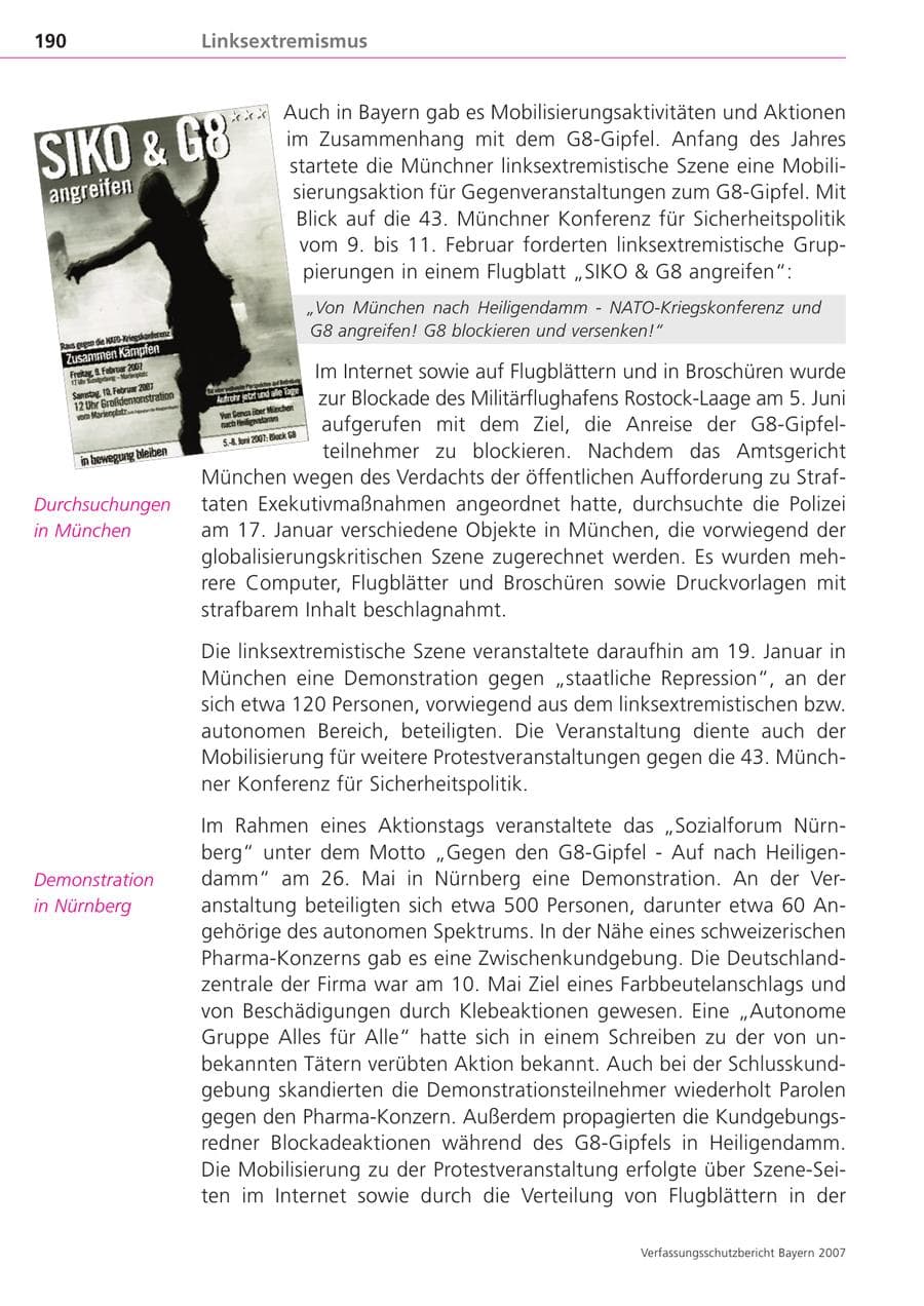 Seite 190 des Verfassungsschutzbericht 2007 Bayern