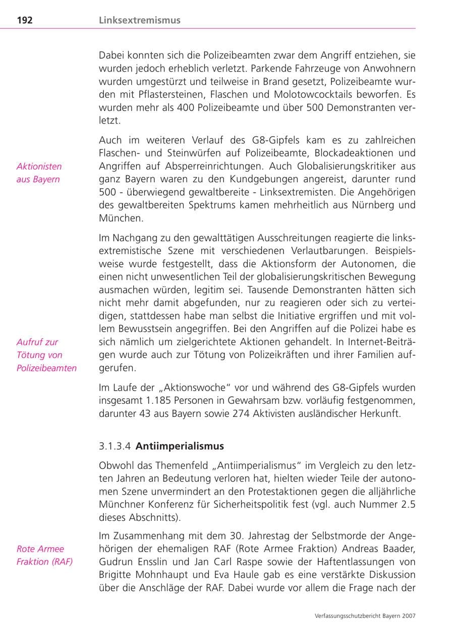 Seite 192 des Verfassungsschutzbericht 2007 Bayern