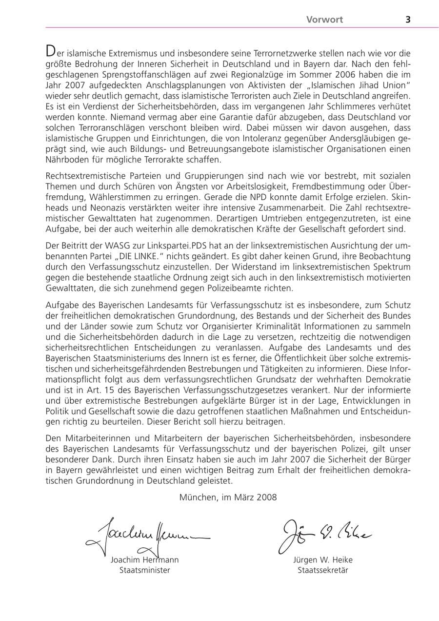 Seite 3 des Verfassungsschutzbericht 2007 Bayern