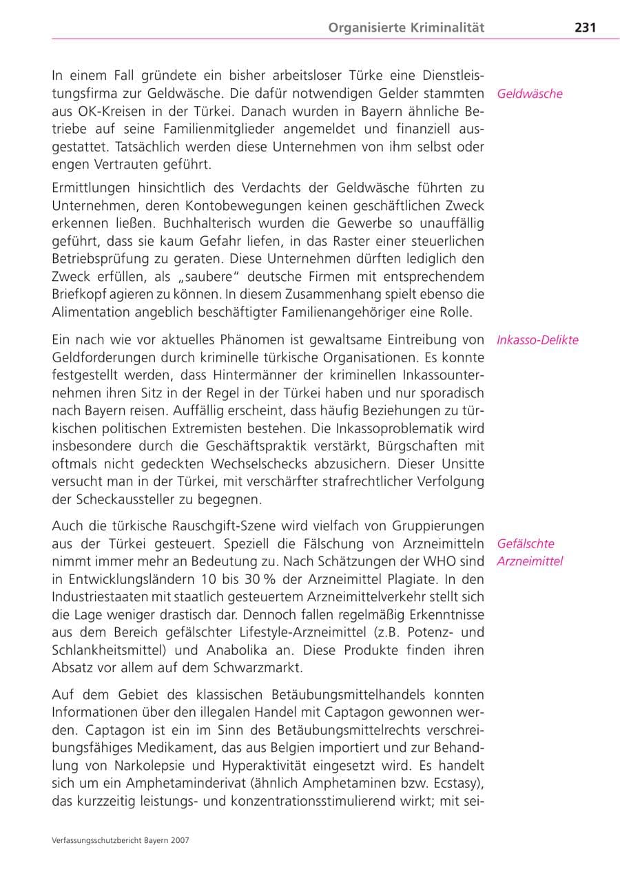 Seite 231 des Verfassungsschutzbericht 2007 Bayern