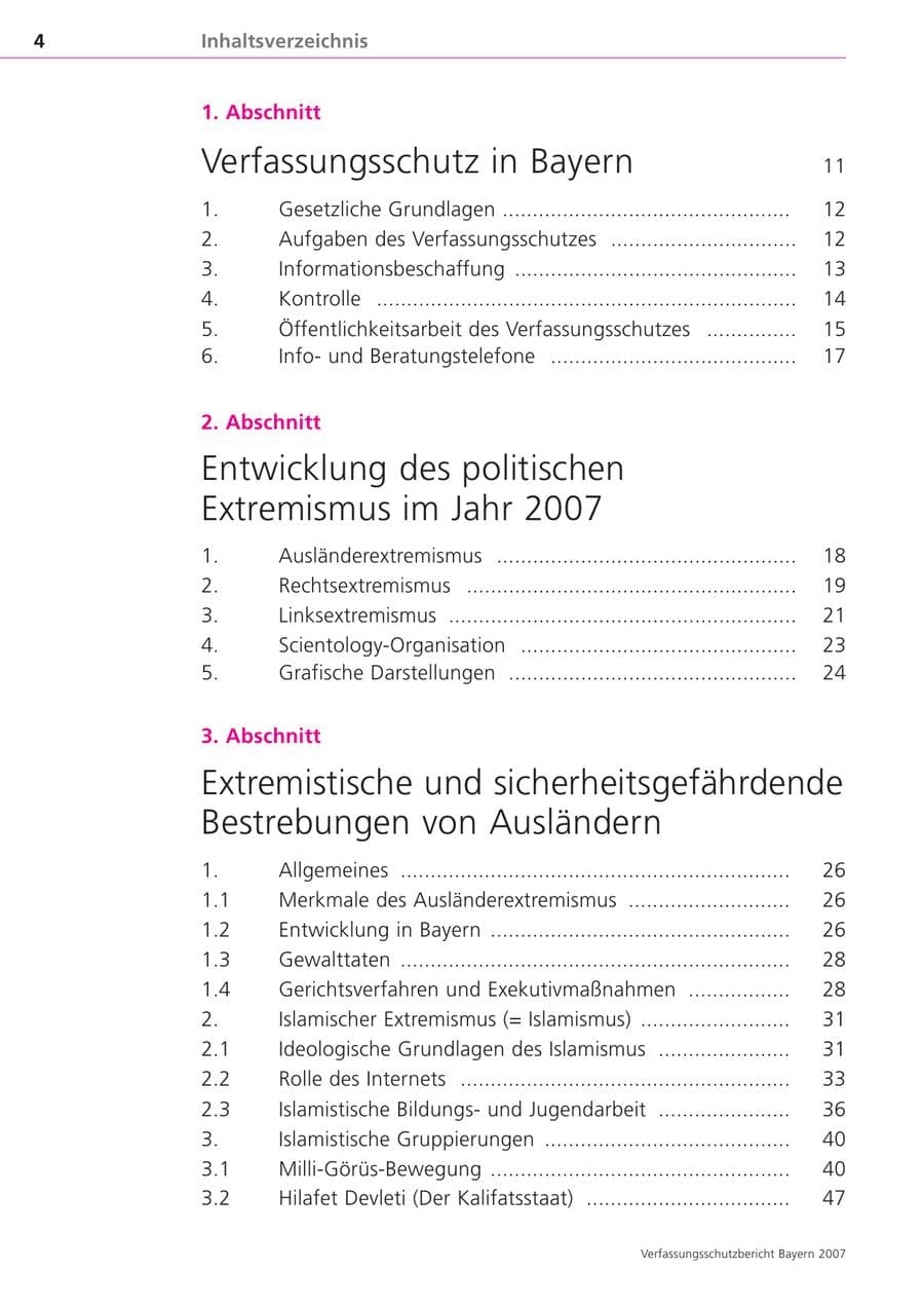 Seite 4 des Verfassungsschutzbericht 2007 Bayern