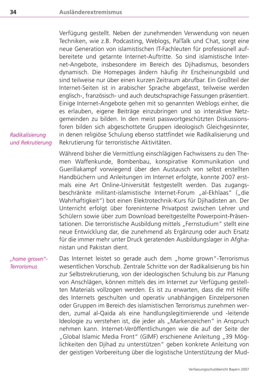 Seite 34 des Verfassungsschutzbericht 2007 Bayern
