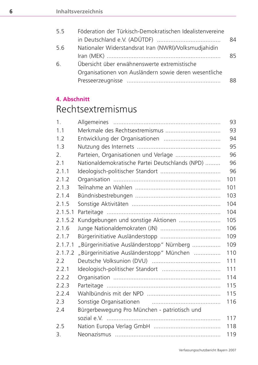 Seite 6 des Verfassungsschutzbericht 2007 Bayern