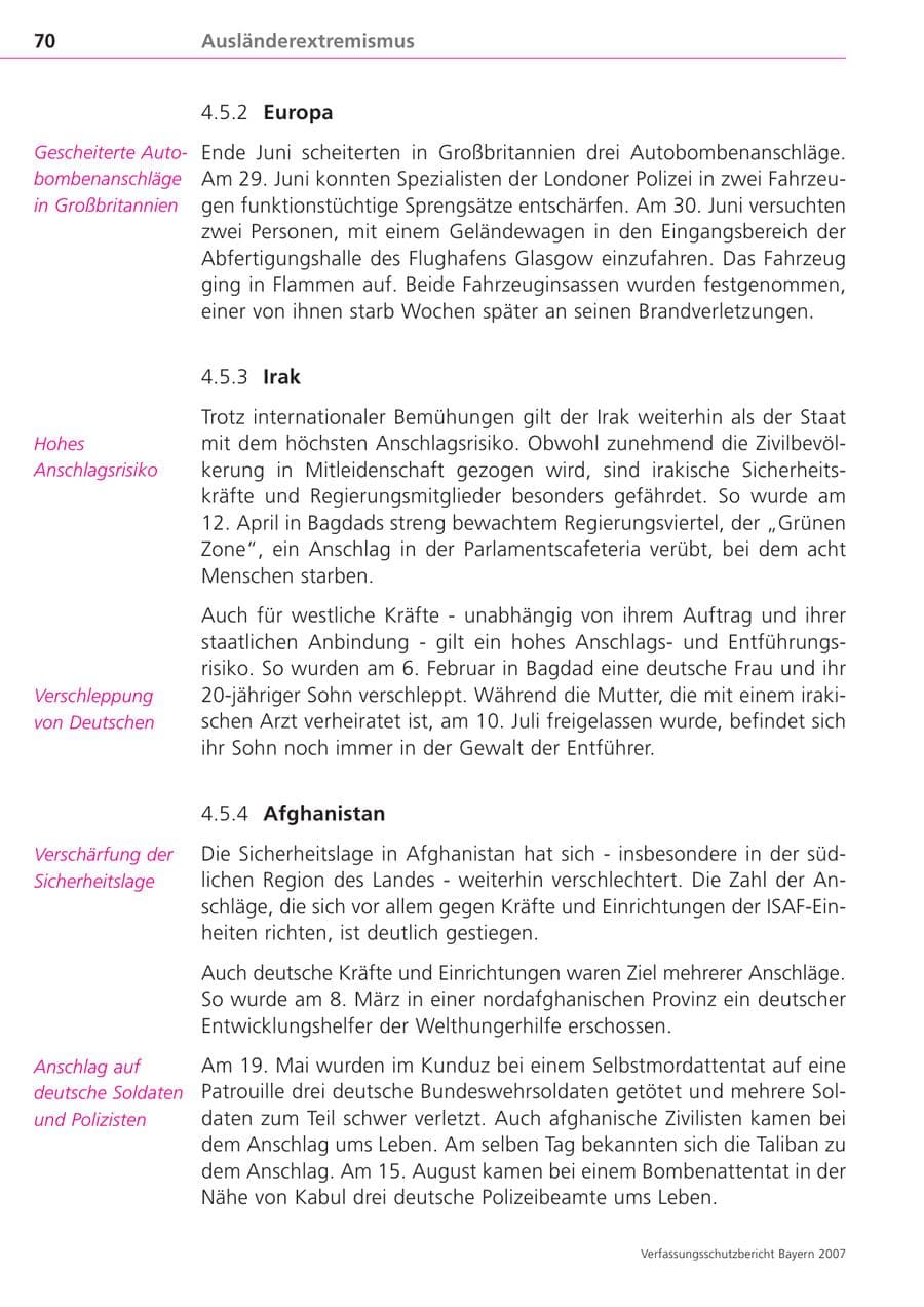 Seite 70 des Verfassungsschutzbericht 2007 Bayern