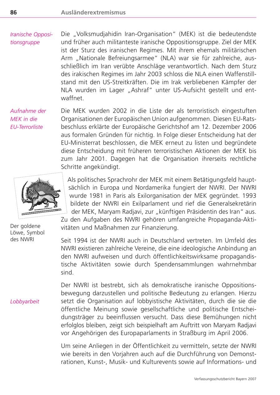 Seite 86 des Verfassungsschutzbericht 2007 Bayern