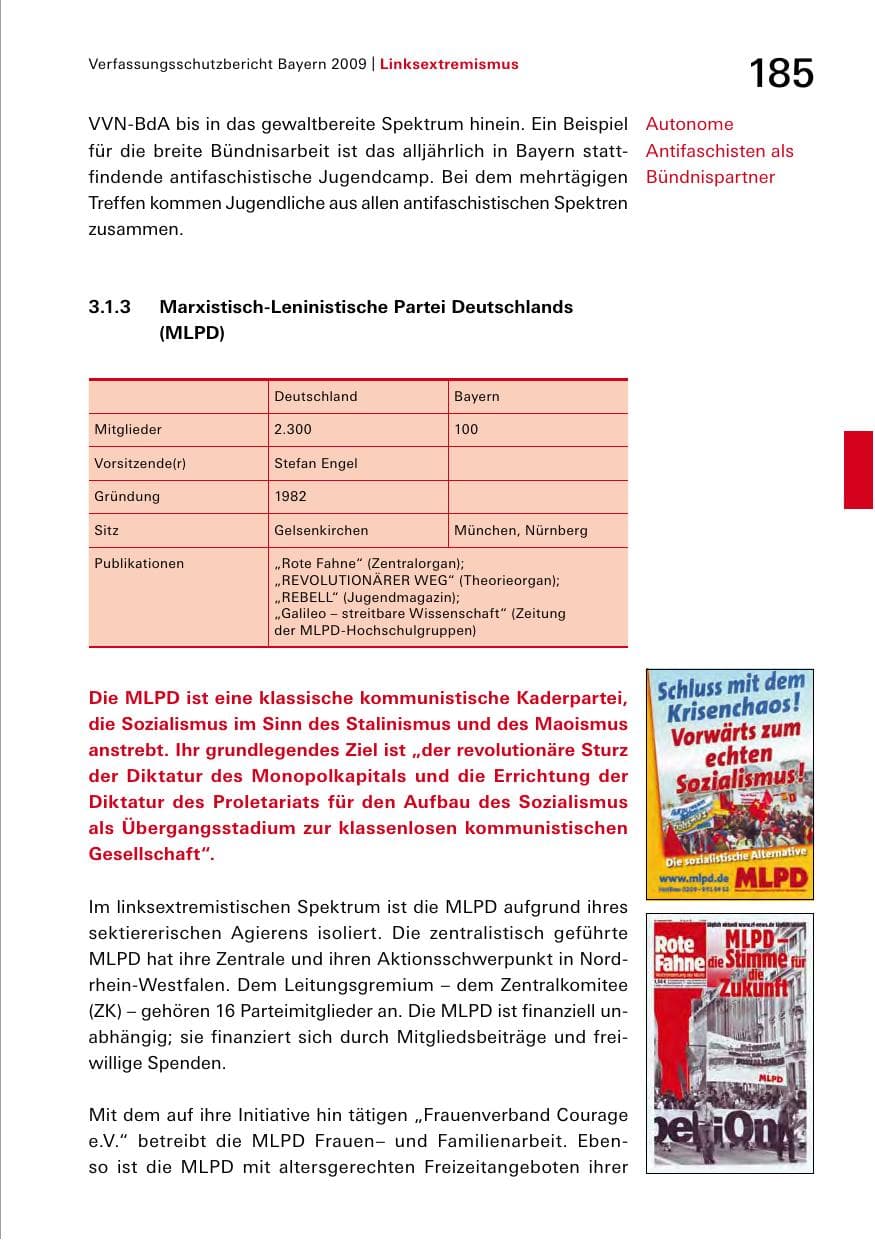 Seite 187 des Verfassungsschutzbericht 2009 Bayern
