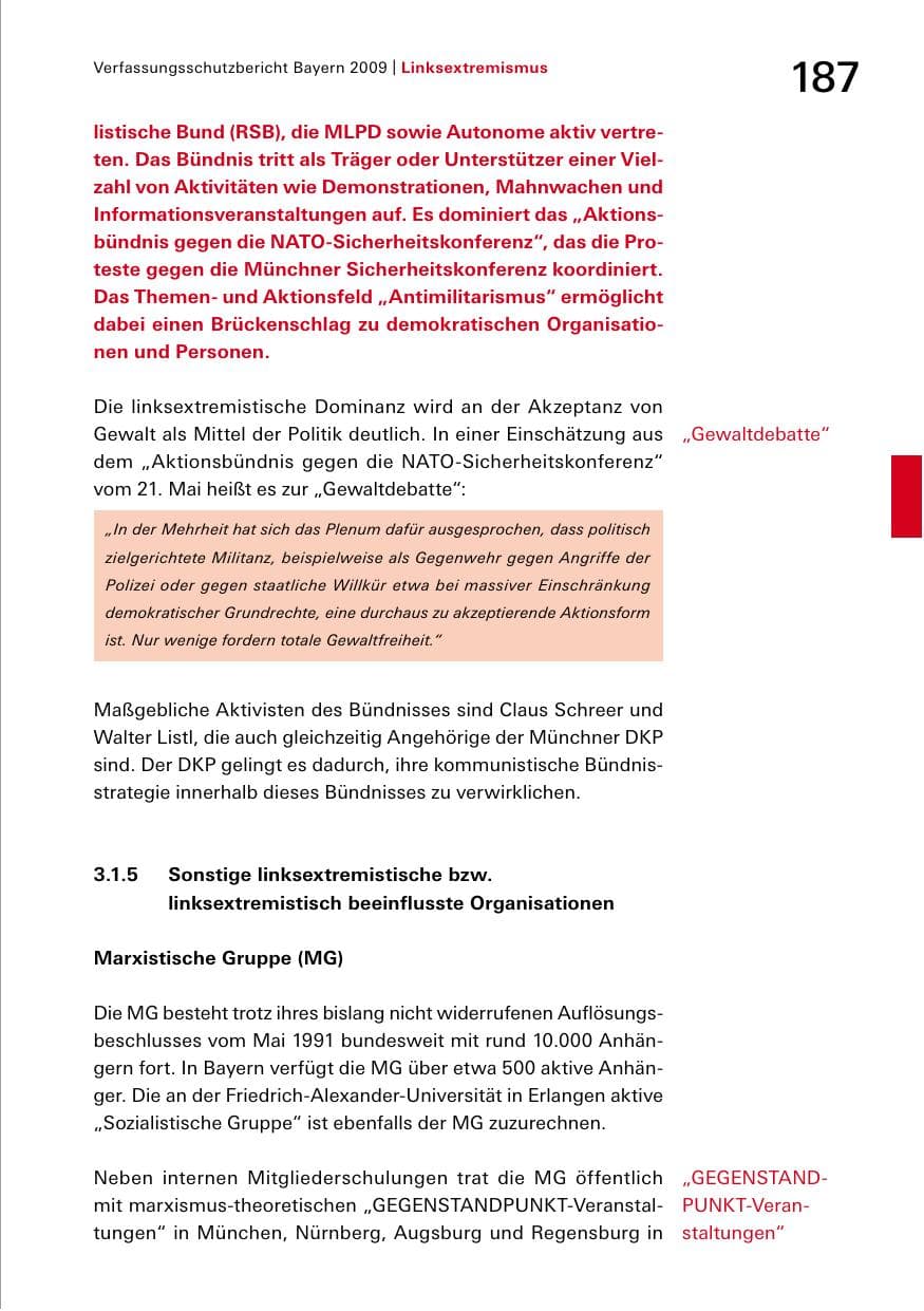 Seite 189 des Verfassungsschutzbericht 2009 Bayern