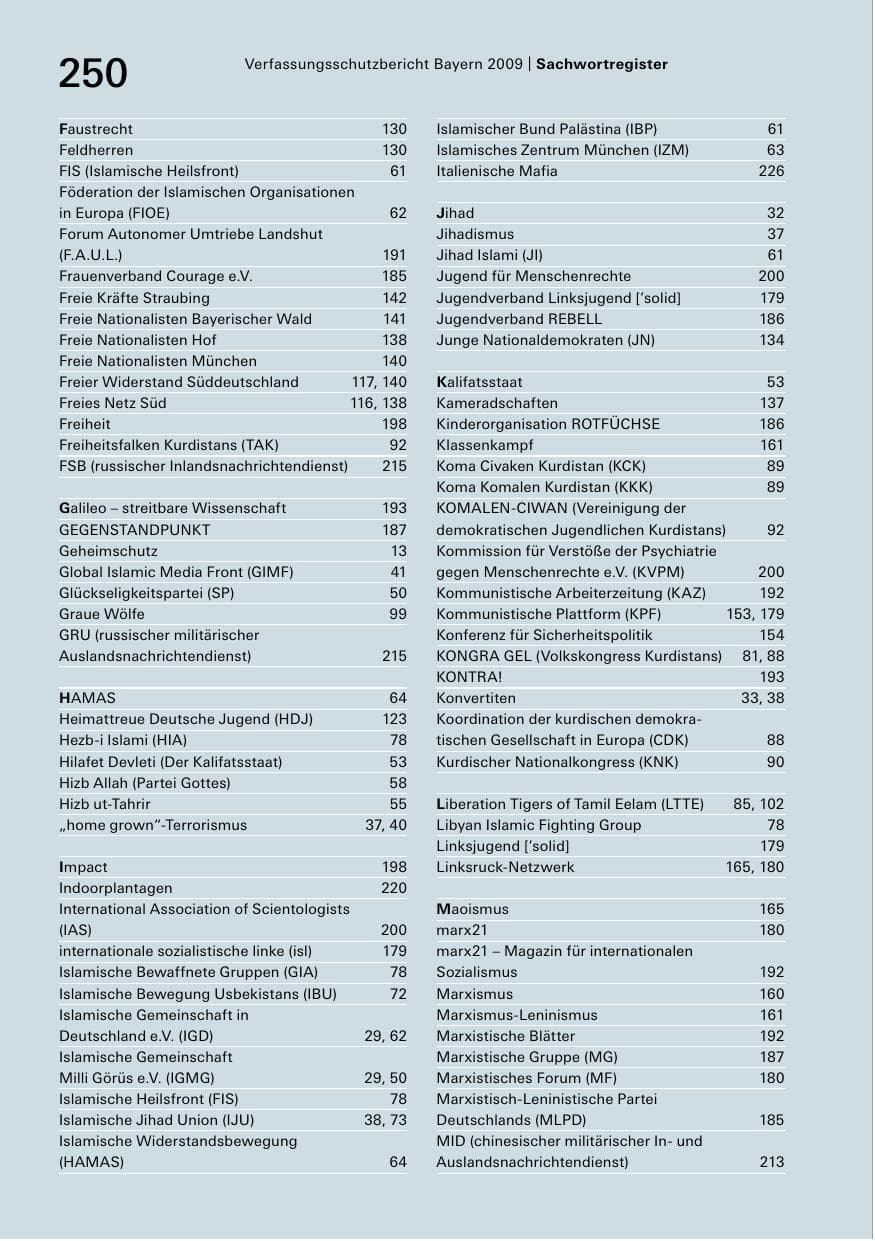 Seite 252 des Verfassungsschutzbericht 2009 Bayern