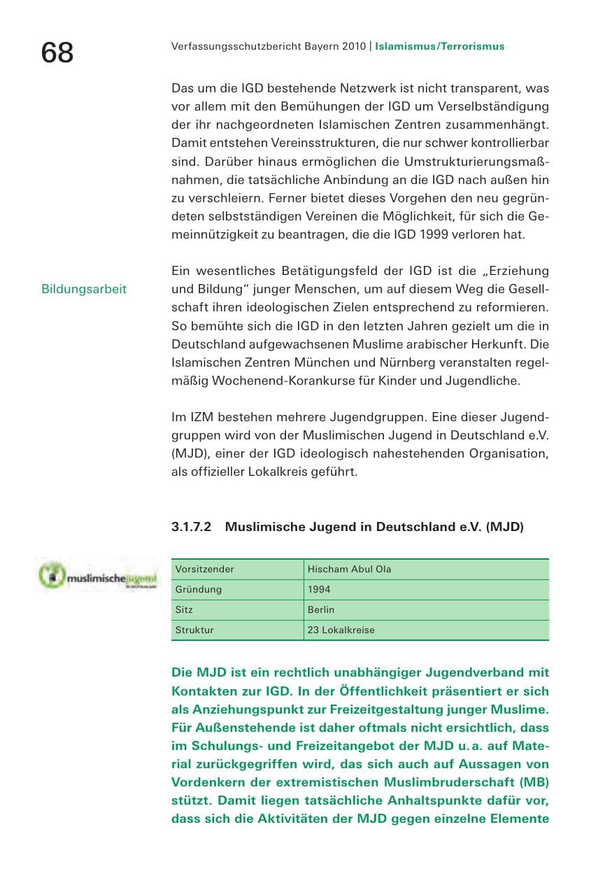 Seite 70 des Verfassungsschutzbericht 2010 Bayern