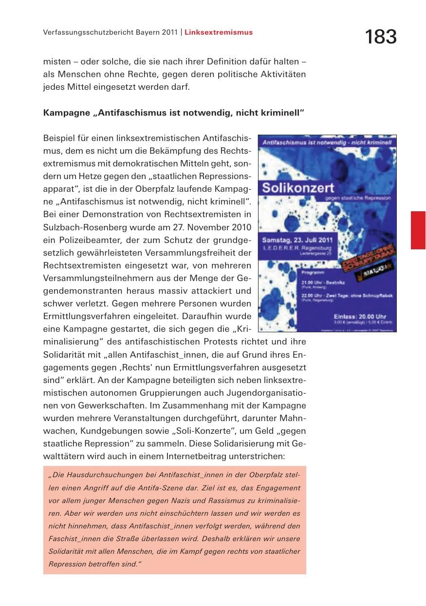 Seite 185 des Verfassungsschutzbericht 2011 Bayern