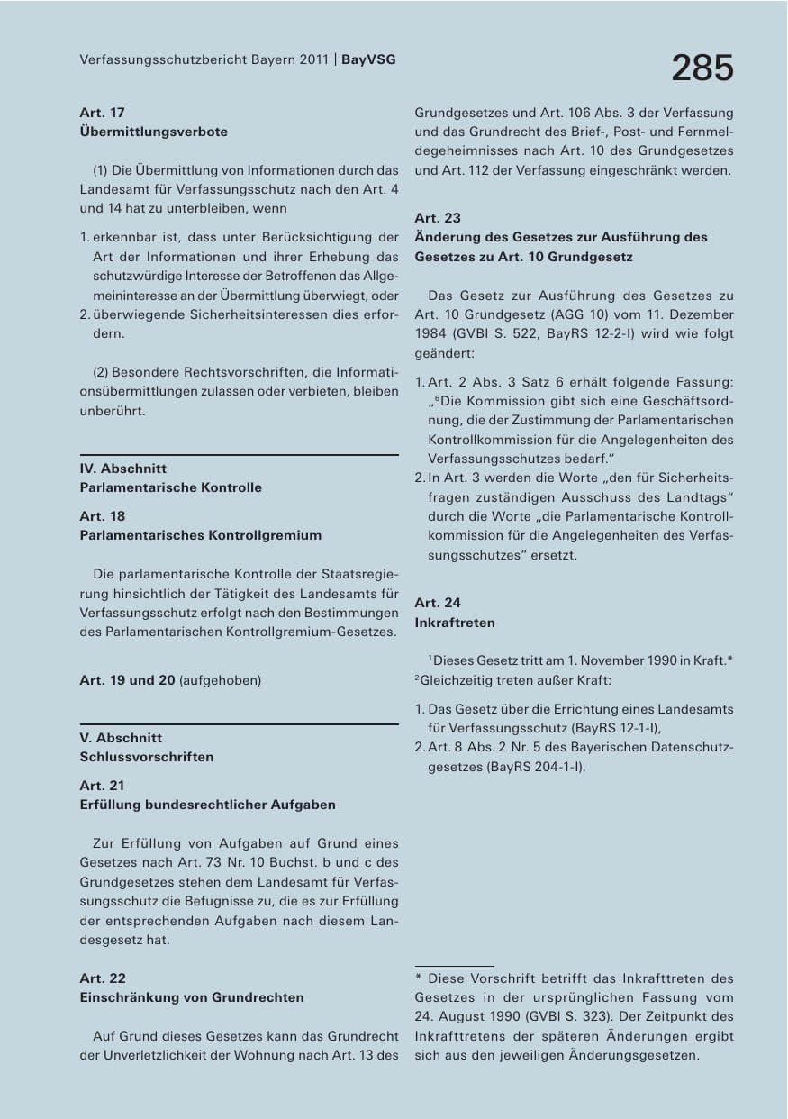 Seite 287 des Verfassungsschutzbericht 2011 Bayern