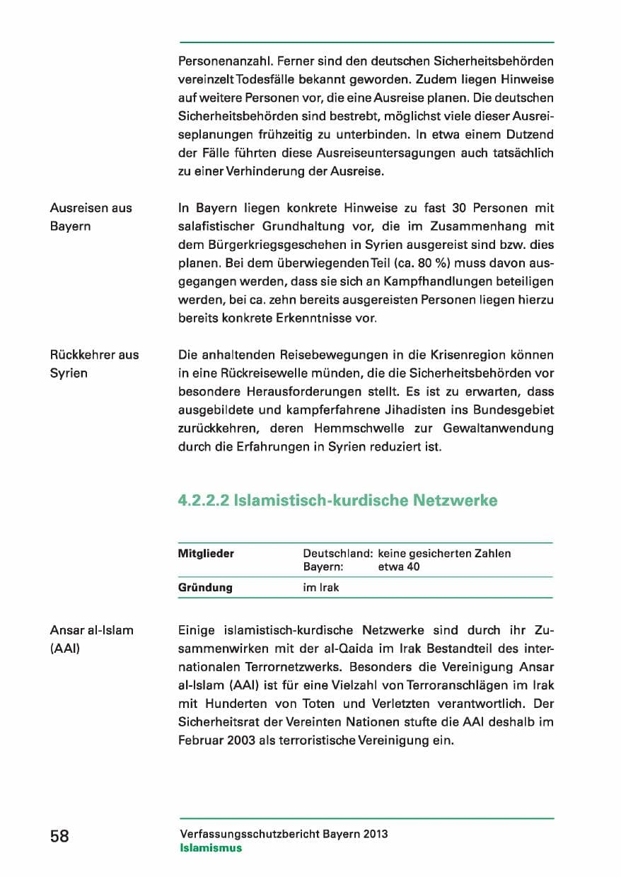 Seite 58 des Verfassungsschutzbericht 2013 Bayern
