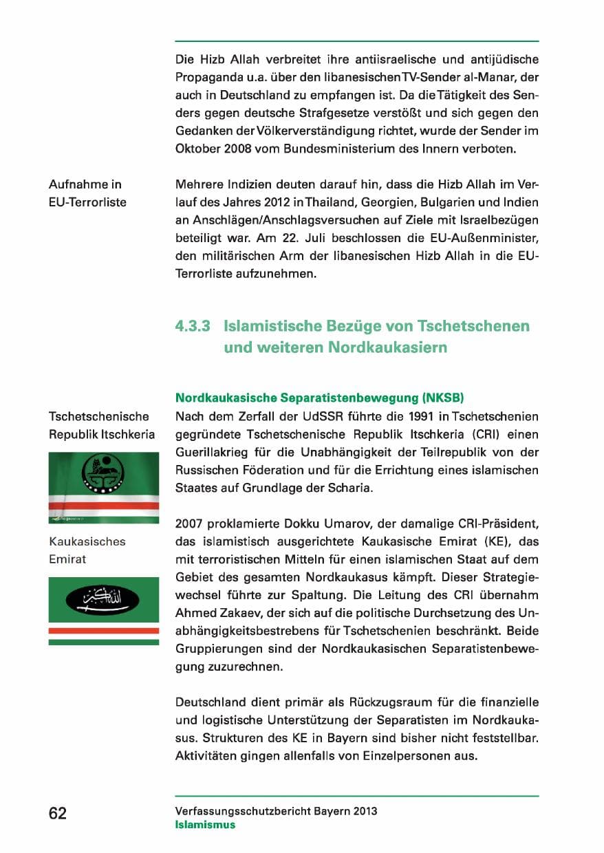 Seite 62 des Verfassungsschutzbericht 2013 Bayern