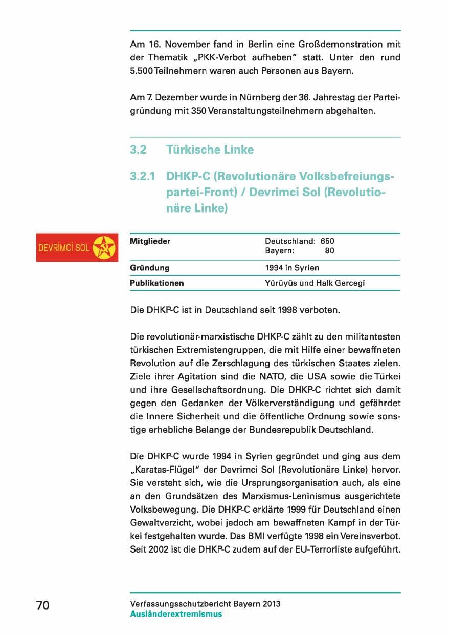 Seite 70 des Verfassungsschutzbericht 2013 Bayern